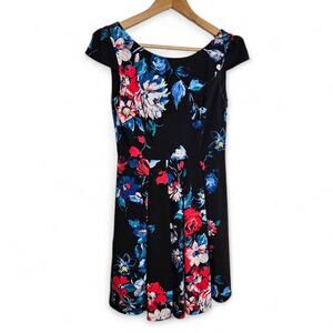 Betsey Johnson Womens Black Floral Pleated Cap Sleeve Short Dress Size 2